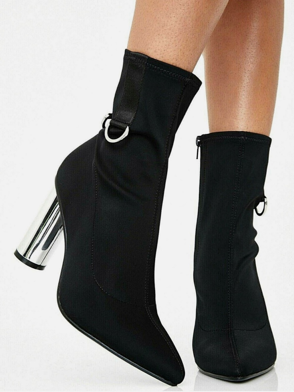 Size 8 Dolls Kill Poster Grl "Elite" Black Neoprene Silver Heel Ankle Boots - Picture 4 of 14